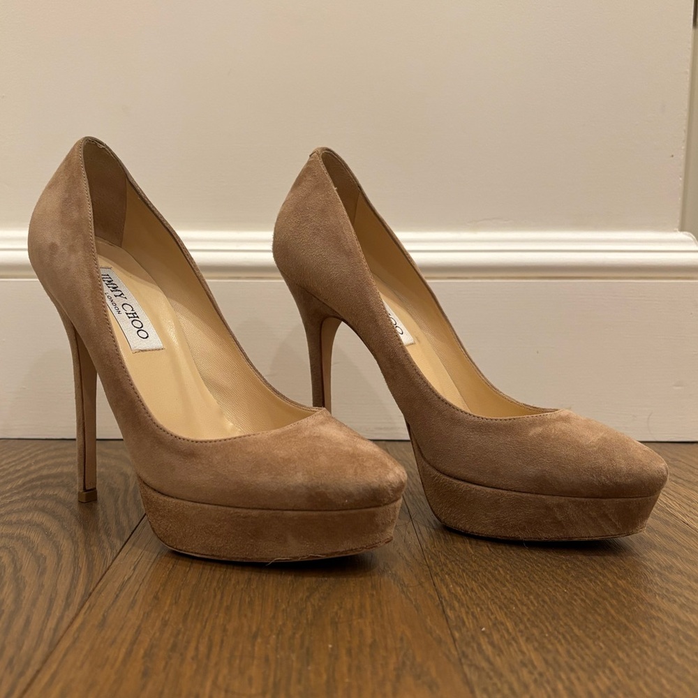 Jimmy Choo Tan Suede Platform Heels sz 37